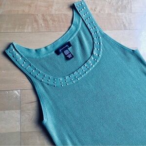pointelle Ribbed, Gold Studded, Tank Top, Green, Size L